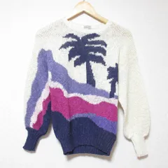 美品 AGNONA アニオナ ALTUNA ヴィンテージ ヤシの木 ジャガード 長袖 サマーニット プルオーバー セーター 44 ホワイト系 レディース 古着 中古 USED