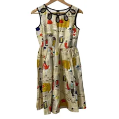 美品 kate spade ケイトスペード 総柄プリント ノースリーブ ワンピース サイズ0 ベージュ レディース 古着 中古 USED