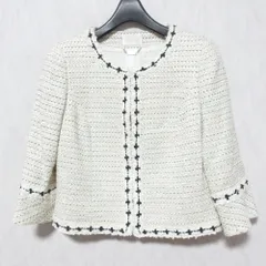 美品 Harrods ハロッズ ツイード ノーカラージャケット 10100301 サイズ2 ホワイト レディース 古着 中古 USED