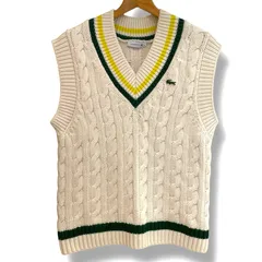 美品 LACOSTE ラコステ Vネックケーブルベスト チルデンベスト ケーブルニット Vネック アイビーファッション トラッドスタイル クロコダイルロゴ ホワイト グリーン 36 Mサイズ レディース 秋 ゴーゴー古着セントラルパーク名古屋店No.1774