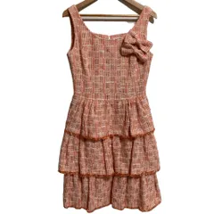 美品 Rene ルネ リボン ノースリーブ ひざ丈 ティアード ツイードワンピース サイズ34 ピンク系 レディース 古着 中古 USED