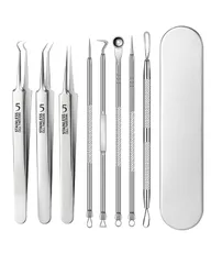 サムコス 精密ピンセット 角栓取り 先端は幅0.1mm 極細 角栓 毛抜き ニキビ取り 黒ずみ取り 毛穴ケア専用 精密な作業が可能 角栓取り 収納ケース付 (No.5、8本セット)