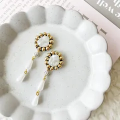 アンティーク風 バロックパール しずく ゴールド ビーズ刺繍 ピアス/イヤリング