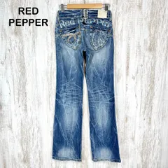 RED PEPPER レッドペッパー ロゴ刺繍 スタッズ ダメージ加工 ブーツカット フレアパンツ デニム ジーンズ ブルー レディース Y2K 平成ギャル