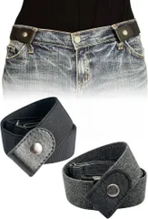 TOMOTHY ゴムベルト レディース メンズ 2本セット バックルなしベルト ノーバックルベルト ズボン ずり落ち防止ベルト (ブラック・デニムグレー,  Free Size)