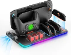 TRANSNOVO 革新的 6 In 1 排熱＆充電＆収納 Switch 2 Pro ジョイコン用の冷却充電器 ニンテンドースイッチ2用の 3H急速充電スタンド 排熱ファン内蔵 9枚ゲームカード収納 (Pro + JoyCon 充電＆排熱＆収納)