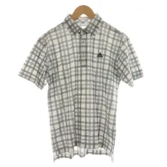 アディダス adidas ポロシャツ M 白 グレー 水色 チェック柄 ボタンダウンカラー 半袖 ロゴ刺繍 /RP ■GY58