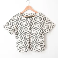 良品 Sally Scott サリースコット フラワージャガード 1B シェル釦 半袖 ノーカラージャケット 9AR カーキ系 レディース 古着 中古 USED