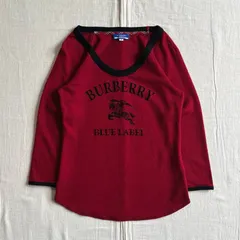 希少　～00s　BUBERRY LONDON BLUE LABEL　バーバリー　薄手ウールニット生地　七分丈ラグランTシャツ　カットソー　ホースロゴ　フロッキープリント　レッド　38　Y2K　平成ギャル　グランジ　raglan sleeve knit tops