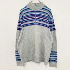 古着 used　PUMA　プーマ　ハーフジップコットンニットセーター　マルチカラー　灰色　グレー　Lサイズ