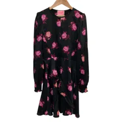 良品 kate spade ケイトスペード 花柄 フラワープリント 長袖 ひざ丈 ワンピース サイズ2 ブラック レディース 古着 中古 USED