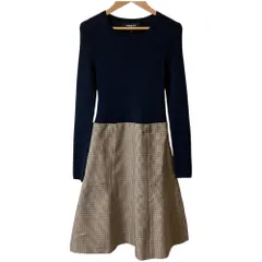 美品 PAULE KA ポールカ 千鳥格子 長袖 ひざ丈 フレア リブニット ドッキング ワンピース 36 ネイビー×ベージュ系 レディース 古着 中古 USED