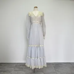 古着 70年代 ガンネサックス GUNNE SAX Jessica フリルレース シースルー袖 襟付き マキシ丈 フレアワンピ―ス レディースS相当/evb009604