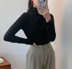 ブラック 基本 タートルネック 長袖Tシャツ