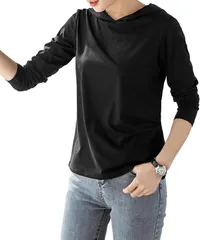 Haberry(ハベリィ) パーカー T シャツ カットソー フード 付き 無地 フーディー レディースナガソデ 秋 冬 (長袖ブラック,  M)