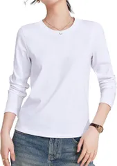 Haberry(ハベリィ) ロンT レディース 長袖 Tシャツ 無地 カットソー クルーネック トップス (ホワイト,  L)