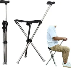 SEALIZE ステッキ チェア 折りたたみ 椅子 杖 耐荷重120kg 2way 軽量 高齢者 介護 登山 散歩 旅行 (シルバー(T字グリップ),  大型)