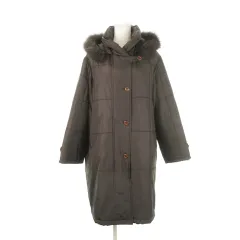 中綿ロングコート スタンドカラー フーディー シルク 絹 フォックスファー F 茶 ブラウン /AH11 ■GY18