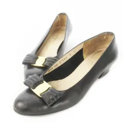 サルヴァトーレフェラガモ Salvatore Ferragamo BOUTIQUE パンプス ローヒール アーモンドトゥ レザー 革 ヴァラリボン ロゴ 6 23.0cm 黒 ブラック /CK21 ■GY18