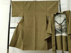 平和屋着物●男性　紬　アンサンブル　色無地　鶯茶色　羽裏：虎　正絹　逸品　未使用　CABC6489yc