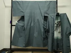 平和屋着物●男性　紬　アンサンブル　霞文　湊鼠色　正絹　逸品　CABB0372gh