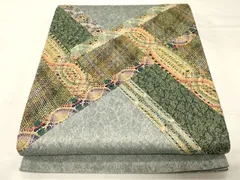 平和屋着物●太鼓柄袋帯　リボン織　切嵌幾何学文　銀通し地　正絹　逸品　CABC4681dy
