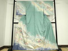 良好】 振袖7点セット170cm◇フルセット□正絹辻が花柄部分絞り青磁