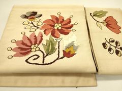 特大サイズ　フランスヴィンテージ 花柄　手刺繍 テーブルクロス　175×253 特大サイズ フランスヴィンテージ 花柄 手刺繍 テーブルクロス 175×253
