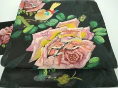 平和屋着物●アンティーク　大正ロマン　九寸名古屋帯　手刺繍　手描き　休み鳥　草花文　黒地　金銀糸　正絹　逸品　DABB4648ps
