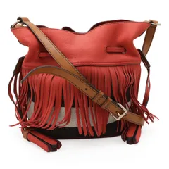BURBERRY バーバリー フリンジ ノバチェック チェック柄 ショルダーバッグ 斜め掛け 巾着 スエード キャンバス レザー レッド 赤 ブラウン 茶