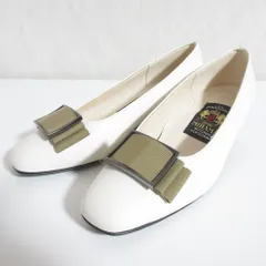 美品 MIHAMA ミハマ レザー グログランリボン 撥水 スクエアトゥ チャンキーヒール パンプス 22cm アイボリー レディース 古着 中古 USED