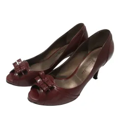 良品 GINZA Kanematsu 銀座かねまつ レザー リボン ピープトゥ パンプス 24cm D レッド レディース 古着 中古 USED