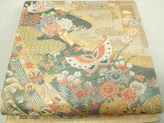 平和屋着物◎六通柄袋帯　唐織　群鶴扇面文　金糸　正絹　逸品　AABI1051yx 平和屋着物◎六通柄袋帯 唐織 群鶴扇面文 金糸 正絹 逸品 AABI1051yxの