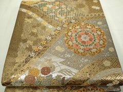 平和屋着物◎六通柄袋帯　唐織　群鶴扇面文　金糸　正絹　逸品　AABI1051yx 平和屋着物◎六通柄袋帯 唐織 群鶴扇面文 金糸 正絹 逸品 AABI1051yxの