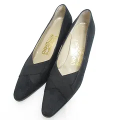 良品 Salvatore Ferragamo サルヴァトーレフェラガモ スエード クロスデザイン ポインテッドトゥ パンプス 5 C 約22.5cm ブラック レディース 古着 中古 USED