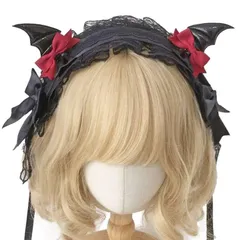 パーティー コスプレ (赤いリボン) lolita メイドカフェ キュート 萌え かわいい ヘアクリップ付き 蝶結び リボン 黒 黒 レース カチューシャ 3WAY 悪魔の翼 ハロウィンアクセサリー 髪飾り ゴスロリ ハロウィン ロリータ ヘッドドレス [Si