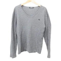 バーバリーブラックレーベル BURBERRY BLACK LABEL Tシャツ 長袖 Vネック カットソー エンボスチェッカー 2 Mサイズ 灰色 グレー