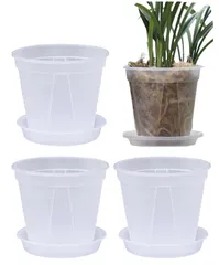 【新着商品】観葉植物 オーキッドポット 4個セット 底皿付き スリット鉢 プラスチック 透明 (4号) 植木鉢 S.fields.inc