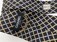 CHANEL シャネル ネクタイ シルク100% イタリア製 ネイビー×ゴールド 格子 ココマーク