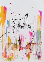 原画#282 猫 ロンドン アート イラスト 水彩画 ドローイング