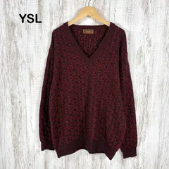 90s YSL Yves Saint Laurent ヴィンテージ イヴサンローラン レア ロゴブロック 総柄 Vネック ウールニット セーター レッド メンズ トップスのサムネイル