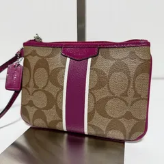 【美品】COACH コーチ リストレット ポーチ PVCレザー シグネチャー ブラウン レッドパープル B415