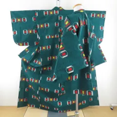 ウール着物 アンサンブル 着物と羽織2点セット 単衣 緑色ｘ赤色ｘ多色 亀甲模様 バチ衿 カジュアルきもの 普段着物 仕立て上がり 身丈162cm