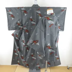 ウール着物 アンサンブル 着物と羽織2点セット 単衣 灰色ｘオレンジ色ｘ多色 扇子に巻物模様 バチ衿 カジュアルきもの 普段着物 身丈152cm