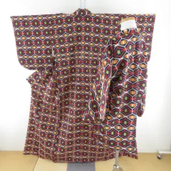 ウール着物 アンサンブル 着物と羽織2点セット 単衣 紺色ｘオレンジ色ｘ多色 幾何学模様 バチ衿 カジュアルきもの 普段着物 身丈159.5cm