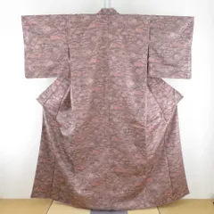 ウール着物 単衣 くすみピンク色ｘ茶色 雲に菊模様 バチ衿 カジュアルきもの 普段着物 仕立て上がり 身丈158cm