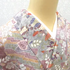 小紋 袷 グレーｘ多色 裂取り調デザイン花々模様  正絹 広衿 仕立て上がり着物 身丈156.2cm