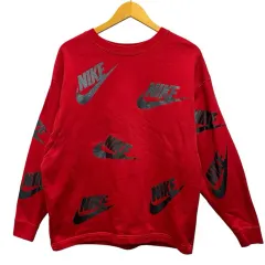 ナイキ NIKE トレーナー クルーネック 長袖 総柄 L 赤 レッド ダークグレー