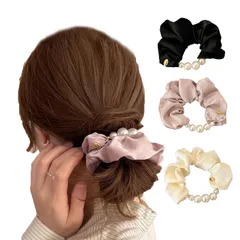 在庫処分 ボリューム 2本セット 大きめ パール レディース 可愛い 髪飾り エレガント リボン シュシュ リボンシュシュ 髪に優しい 跡がつかない 天然シルク (黒+ベージュ+ピンク おしゃれ ヘアゴム 3本) シルクヘアゴム シルクシュシュ