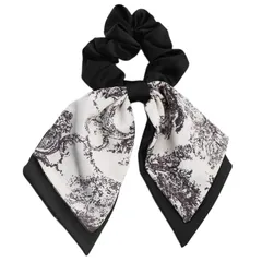エレガント シルク シュシュ スカーフ ブラック&ホワイト マーブル柄 ヘアアクセサリー リボン付き